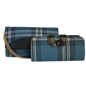 NWOT Vintage Brown's of Bermuda Set: Blue Wool Tartan Plaid Handbag & Wallet